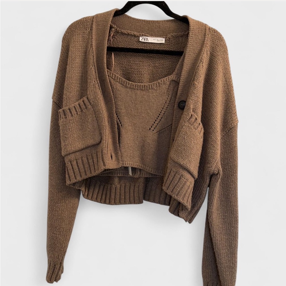 Zara Brown Cropped Knit Cardigan and Tank Set